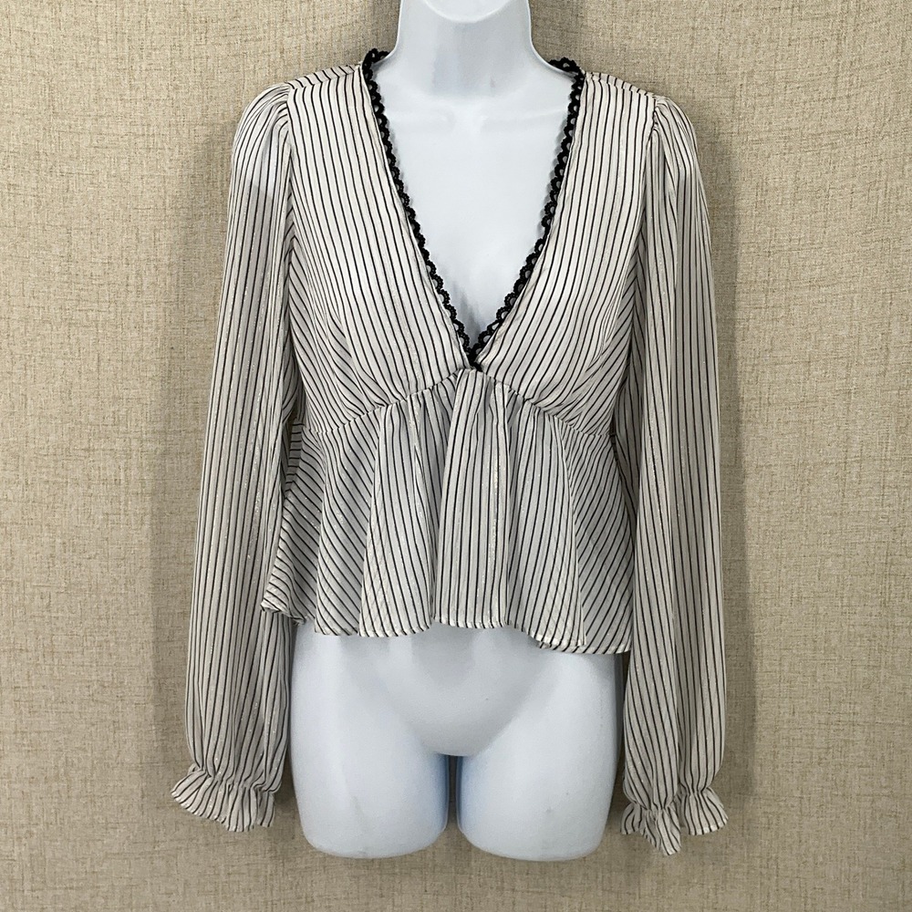 Forever 21 Peplum Blouse Women S Metallic Striped Babydoll Crochet Whimsical NEW